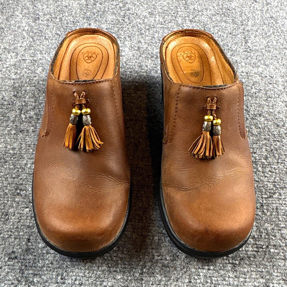 Ariat Women's Brown Leather Slip-On Clog Mule Tassel Wedge Comfort 9.5B